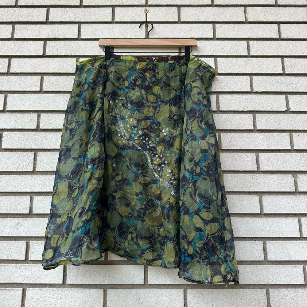 Ideology Silk Overlay‎ Beaded Sequin Skirt Abstract Green Blue Print 22W